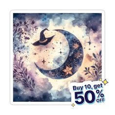 a sticker with the moon and witches hat on it