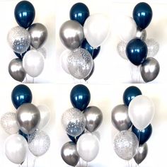 a bunch of balloons that are in the shape of stars on a white background with silver and black colors