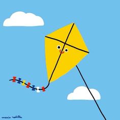 a yellow kite flying in the sky with clouds