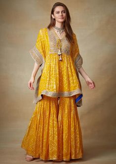 Kisneel By Pam Mehta | Yellow Printed Kaftan With Garara | INDIASPOPUP.COM Tandoori Masala, Style Guru, Beach Getaway, Pakistani Dress, Ethnic Outfits