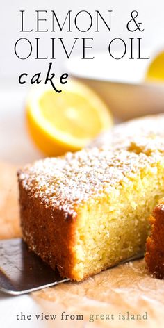 lemon and olive oil cake on a cutting board