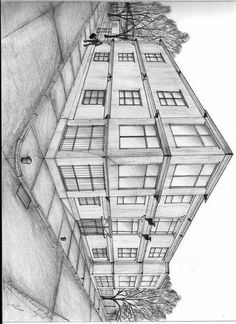 a pencil drawing of a building with windows and trees on the top floor in front of it