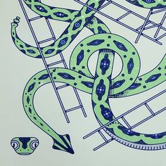 a drawing of a green snake on a white background