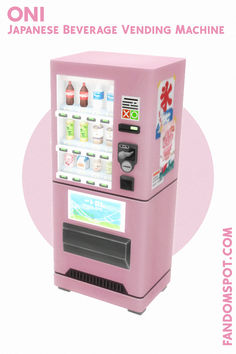 a pink vending machine sitting on top of a white background with the words japanese beverage vending machine below it