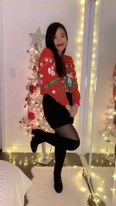 Festive Outfits Christmas Party, Style Christmas Sweater, Christmas Sweater Outfits Women, Christmas Sweater And Skirt Outfit, How To Style Christmas Sweater, Christmas Shirt Outfit Women, Ugly Sweater Party Outfit Women, Xmas Sweater Outfit