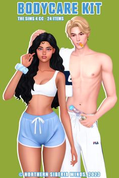 two people in swimsuits standing next to each other with the words body care kit