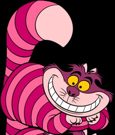 a pink striped cartoon character with big yellow eyes and an evil smile on his face