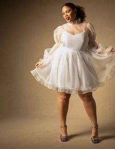 Bridal by ELOQUII Organza Ruffle Mini Dress | Women's Plus Size Dresses | ELOQUII Dramatic Sleeves Dress, Best Graduation Dresses, Tiered Sleeve, Plus Size Mini Dresses, Bodice Dress, Casual Wedding Dress, Square Neck Dress, Ruffle Mini Dress, Reception Dress