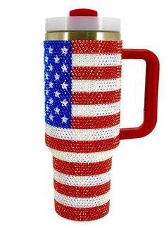 a red, white and blue coffee mug with the american flag on it's side