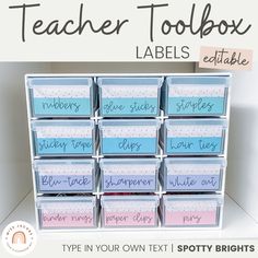 the teacher's toolbox labels are organized in blue, pink and white boxes