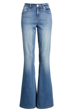 Kicky stretch-denim flares add leg-lengthening style to everyday looks. 34" inseam; 23" leg opening; 9" front rise; 14 1/2" back rise Zip fly with button closure Front scoop pockets; back patch pockets 56% cotton, 24% rayon, 19% polyester, 1% spandex Machine wash, tumble dry Imported BP. Blue Flare Jeans, Mid Rise Flare Jeans, Low Rise Flare Jeans, Low Rise Bootcut Jeans, Denim Flare Jeans, Flare Denim Jeans, Jeans Bootcut, Denim Flares, Flared Jeans