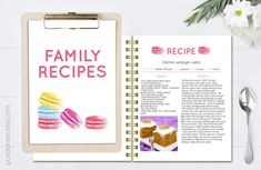 the recipe book is open on top of a table with flowers and utensils