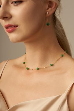 👑Dimensions: Necklace Length: 40cm+5cm Stone size:  -Green chalcedony: 6mm -Gold bead: 3mm -Fresh water pear: 3mm 👑Material:  -Natural green chalcedony -Natural fresh water pearl -14k gold filled 👑Note: Please note due to the nature origin of stones, the color and shapes will be slightly vary. 👑Packaging: All Items come with elegant jewelry box. 👑Care: Please remove your jewelry before bathing and swimming, and avoid exposure to chemicals. Green Stone Choker Necklace, Elegant Green Jade Pearl Necklace, Green Pearl Chain Jewelry As A Gift, Elegant Green Necklace With Delicate Chain, Jade Clavicle Chain Necklace, Elegant Jade Pearl Necklace For Gift, Adjustable Green Choker Necklace, Gift Green Emerald Necklace With Delicate Chain, Dainty Green Emerald Necklace With Clavicle Chain