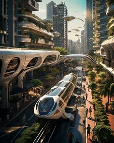 an artist's rendering of a futuristic city with high - rise buildings and trains