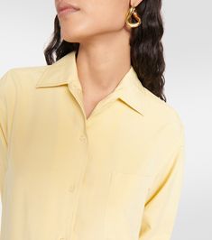 Sveva silk poplin shirt in yellow - Loro Piana | Mytheresa Elegant Yellow Workwear Shirt, Elegant Yellow Collared Shirt, Classic Yellow Blouse, Yellow Silk, Loro Piana, Poplin Shirt, Yellow Dress, Long Sleeve Tops, Loose Fitting