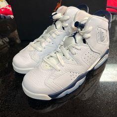 Sz Various Retro 6s White & Blue Classic White Jordan Shoes With Round Toe, Classic Blue Basketball Shoes With Round Toe, Kids Jordans, Jordan Shoes, Cute Shoes, White Blue, Blue White, Jordan, Color Blue