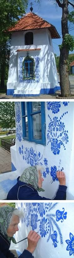 two pictures of a building with blue and white designs on the side, one is painted