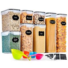 an assortment of cereals and pasta in plastic containers with labels on the side for each container