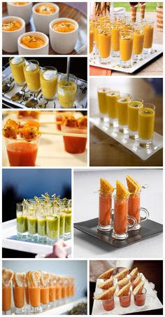 many different shots and desserts are arranged in this collage, including orange juice