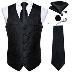 PRICES MAY VARY. 【PURCHASE CONTAINS】Silk Black Paisley Vest+Necktie+Lapel Pin+Pocket Square+Cufflinks+Tie Clip.It's Proper gift for Christmas Day, Valentine's Day, Thanksgiving Day,Father's Day, Anniversary,birthday ect 【MATERIAL and CRAFT】High quality black waistcoat and necktie are made from Silk. 2000 stitches jacquard woven craft, high-density fabric makes the suit vest and tie durable, non-deformed ,no pilling,no fading,and soft with a genuine look and feel 【ELEGANT DESIGN】Jacquard woven pa Mens Wedding Suit, Blue Suit Vest, Silk Formal Dress, White Waistcoat, Men Waistcoat, Wedding Waistcoats, Tuxedo Vest, Floral Necktie, Waistcoat Men