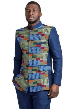 Be unique and elegant at your next formal event in our Vadik Abacost African print suit! The Abacost suit style was created in 1972 by Mobutu, the President of Zaire- Congo. The idea behind was to free his population from the tight of colonialism. It is a mixture of a shirt and a blazer with a Mao collar.  Our model we Printed Blazer For Men, African Print Blazer, Lined Flannel Shirt, Nigerian Men Fashion, African Tops, African Wear Styles For Men, Blazer For Men, Latest African Men Fashion, African Attire For Men