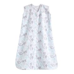 a white sleeping bag with blue and grey elephant print on the front, it is attached to