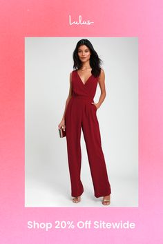 Your night out just got better with the Lulus Kiska Burgundy Lace Wide-Leg Jumpsuit! Lightweight woven poly falls from tank straps, into a plunging surplice bodice. High, banded waist sits above relaxed, wide-leg pants with diagonal front pockets. Adorable sheer, eyelash lace inserts decorate the back to complete this party-perfect look! Hidden side zipper/clasp. Fit: This garment fits true to size. Length: Floor length. Size medium measures 59" from shoulder to hem. Inseam: 31.00 Front Rise: 13.50 Bust: Great for any cup size. Waist: Fitted - very fitted at natural waist. Hip: Loosely Fitted. Undergarments: May be worn with petals, or no bra. Fabric: Fabric has no stretch. Lined. Shell: 100% Polyester. Contrast: 100% Nylon. Lining: 100% Polyester. Hand Wash Cold. Do Not Bleach. Line Dry. Elegant Strapless V-neck Jumpsuit For Night Out, Spring Party Jumpsuit With Surplice Neckline, Summer Formal Strapless V-neck Jumpsuit, Formal Strapless V-neck Jumpsuit For Summer, Summer Cocktail Jumpsuit With V-neck, Chic Strapless V-neck Jumpsuit For Evening, Fitted Jumpsuit With Surplice Neckline For Party, Formal Strapless V-neck Jumpsuit, Formal V-neck Strapless Jumpsuit