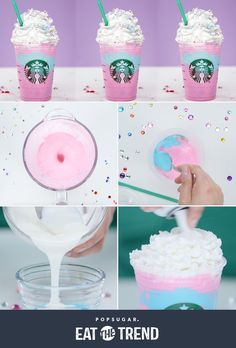 starbucks drinks are being made with marshmallows and sprinkles