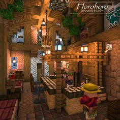 the interior of a minecraft house with lots of furniture and decorations on it's walls