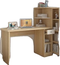 a computer desk with bookshelves and a laptop on top of it, in front of a white background