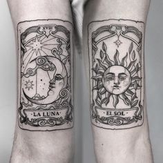 two sun and moon tattoos on both legs with the words la luna written below them