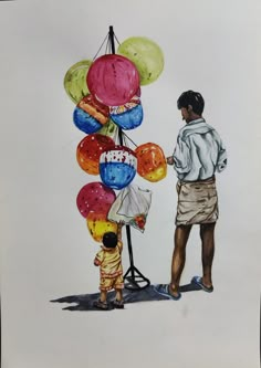 a drawing of a man and child with balloons