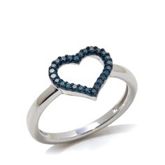 This Stunning Sterling Silver Ring Features A Beautiful Blue Diamond In A Heart Shape. The Intricate Design Makes It Perfect For Special Occasions Such As Engagements, Anniversaries, Birthdays, Graduations, Or Even Christmas. The Ring Is Made With 925 Silver. The Diamond Is Irradiated And Surrounded By Smaller Diamonds, Which Adds To Its Sparkle. A Small And Elegant Ring With 26 Diamonds In A Lovely Minimalist Open-Heart Design. The Sparkle From The Diamonds And Curved Band That Hugs The Hand Makes It Truly Shine, Day Or Night! All Stone Sizes And Weights Approximate Blue Diamond, Round; 0.16ct Materials: Premium Quality Solid Sterling Silver Stamped .925 Nickel Free Elegant Blue Heart Ring For Valentine's Day, Blue Jewelry For Valentine's Day Promise, Blue Open Heart Jewelry For Anniversary, Blue Heart Ring For Valentine's Day Promise, Elegant Blue Rings For Valentine's Day, Fine Jewelry Blue Heart Ring For Valentine's Day, Blue Heart-shaped Ring For Valentine's Day, Blue Heart Ring For Valentine's Day, Open Heart Ring