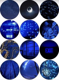 many different images of blue lights in the sky and around them are stars, moon, planets, and trees