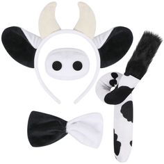 a set of three animal ears, nose and headbands with black and white horns