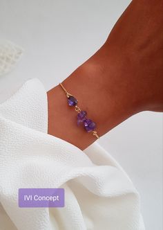 Amethyst Bracelet, February Birthstone Bracelet, Crystal Jewelry, Purple Quartz Bracelet, Amethyst Beaded Bracelet, Amethyst Jewelry, Crystal Healing Bracelet, Birthday Gift For Her, Gift For Mom This is a delicate natural Amethyst nuggets bracelet with crystal links and an 18K gold plated adjustable chain. All of our jewelry is handmade and every stone is handpicked for the best quality. the color and size of each stone are natural, unique, and individual. Our Elegant Amethyst bracelet is great Amethyst Beaded Bracelet, Amethyst Bracelet Beads, Nugget Bracelet, Jewelry Purple, Purple Quartz, Birthstone Bracelet, Bracelet Crystal, Crystal Healing Bracelets, Jewelry Crystal