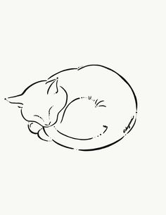 a black and white drawing of a cat sleeping on top of a pillow in the shape of a circle