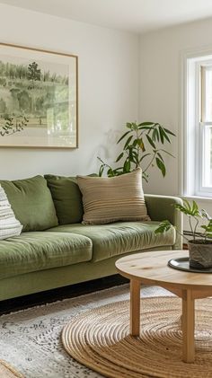 a living room with a green couch and coffee table in front of a large window