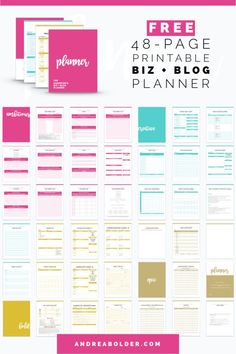 the free printable planner is shown in pink, yellow and blue