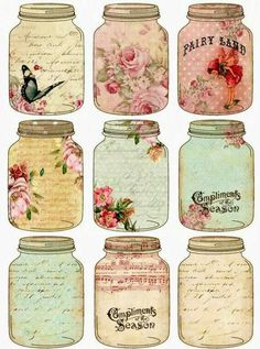 six mason jars with flowers and birds painted on the lids, all in different colors