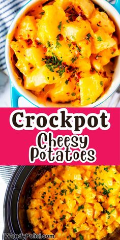 crockpot cheesy potatoes in a white casserole dish with text overlay