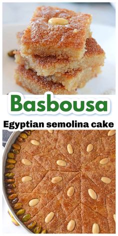 three different types of desserts with the words basbousa written in green above them