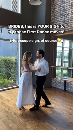 a man and woman dancing in a dance studio with the caption brides, this is your sign to try these first dance moves