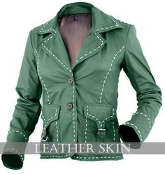 NWT Green Women Ladies with White Border Stylish Premium Genuine Leather Jacket Rock Style Women, Green Leather Jacket, Border Line, Punk Woman, Green Leather Jackets, Leather Store, Stylish Blazer, Nice Outfits, Leather Skin