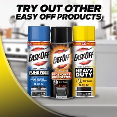 an ad for easy - off products is shown with the image of three different colors