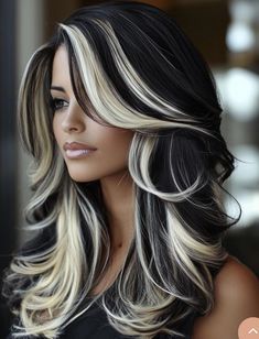 Pops Of Color In Black Hair, Highlights On Top Dark Underneath, Brown Hair With Blonde Accents, Dark Hair With Thick Highlights, Platinum Bangs With Black Hair, Blonde And Black Ombre Hair, Chunky White Highlights On Black Hair, Dark Brown Hair With Platinum Balayage, Blonde Halo On Black Hair