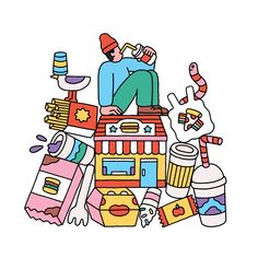 a person sitting on top of a toy house surrounded by other toys and things around him