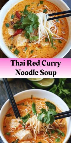 thai red curry noodle soup in a white bowl with chopsticks