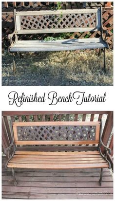 an old bench is sitting in front of a wooden fence with the words refinished bench