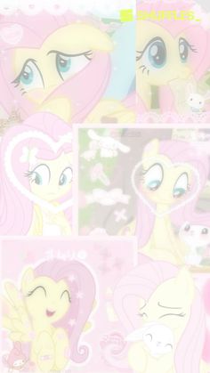 an image of some little ponys with big eyes and pink hair in the background